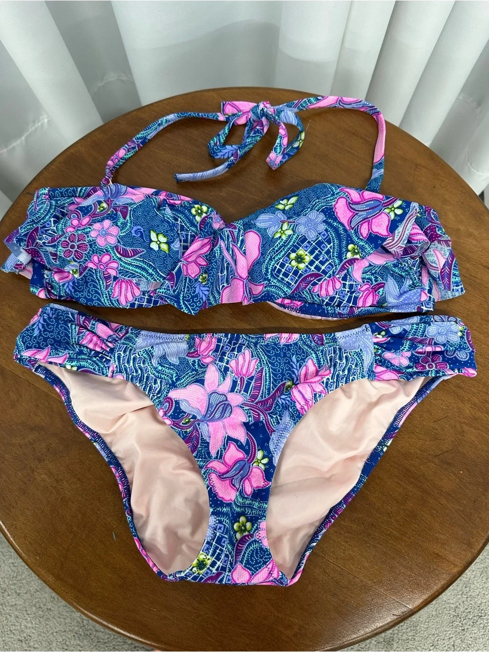 Victoria's Secret Blue & Pink Floral Ruffle Bikini large top medium bottom